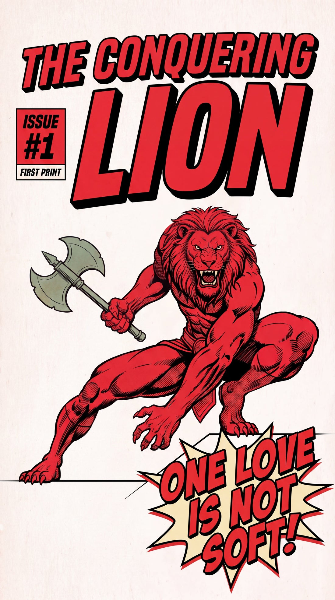 The Conquering Lion — Issue #1 First Appearance comic book tee front graphic. Lion crouching with double axe, ONE LOVE IS NOT SOFT starburst.